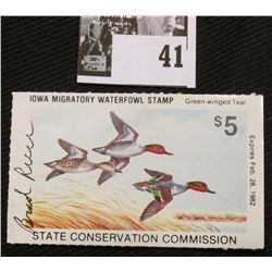 1981 Iowa State Conservation Commission Migratory Waterfowl Stamp, VF, NH, Signed by the Artist "Bra