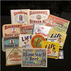 (13) Different 1940 era Lonestar, Blackhawk, Dr. Pepper, and etc. bottle labels in mint condition.