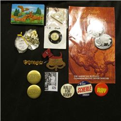 Pin-back with Crown beneath dog; "Iowa" Magnet with deer and eagle; brochure of Buffalo coin; severa