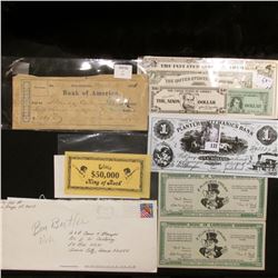 (8) pieces of funny money; & 1871 Bank Check from the Bank of America in New Orleans.