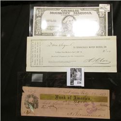 1877 Bank of America Check from New Orleans, La.; 1881 Pennichuck Water Works, Dr. receipt; & "Charl