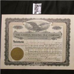 1911 Stock Certificate Share Number 85 "The Canton Roofing Tile Company", Sparta, Ohio. Eagle c., se