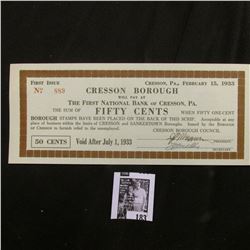 February 15, 1933 "Cresson Borough" Fifty Cents from "The First National Bank of Cresson, Pa.", Firs