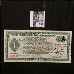 Depression Scrip "The County of Atlantic, New Jersey" Aug. 1, 1934, Series A $1.00. Hole canceled. C