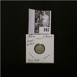 1944 Great Britain Silver Three Pence, Key date. EF.