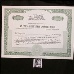 Unissued Stock Certificate "Atlantic & Pacific Steam Locomotive Works", The State of Illinois.