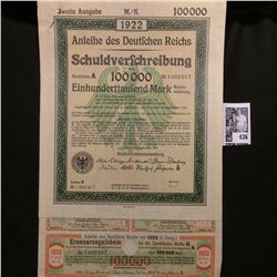 1922 "Anleihe des Deutschen Reichs Schuldverschreibung" (Bond of the German Reich debt) 100,000 Mark