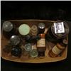 Image 1 : Interesting Box full of Old Medicine Bottles, one amber with a glass lid, several cork stoppered, an