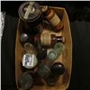 Image 2 : Interesting Box full of Old Medicine Bottles, one amber with a glass lid, several cork stoppered, an
