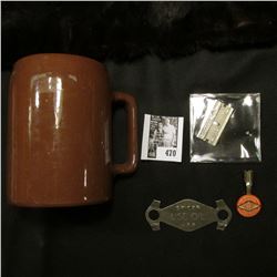 "Diamond Edge" Pen Clip; old style Razor blade; "Buckeye" Stoneware Mug & "Spicer Use Oil" tool.