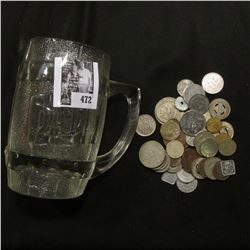 "Dad's" Root Beer Clear Glass Heavy Mug; & an unsorted group of Foreign Coins and tokens.