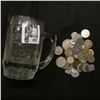 Image 1 : "Dad's" Root Beer Clear Glass Heavy Mug; & an unsorted group of Foreign Coins and tokens.