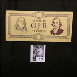 Freeville, N.Y. 25 Cents "GJR", VF. Hand stamp on reverse "Reissued July 29, 1933/George Junior Repu