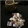 Image 2 : Stoneware Mug "Uhl Pottery Co. 16 Huntingburg Ind." with a large group of unsorted foreign coins and