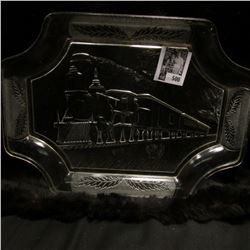 Clear Glass embossed serving plate depicting a "350" Locomotive with Railroad Cars. 9" x 12"