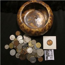 Glazed Pottery Bowl with an unsorted group of Foreign Coins & tokens.