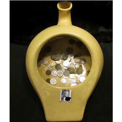 Glazed Clay Pottery Hospital style Urinal/Bedpan with an unsorted group of Foreign Coins & tokens.