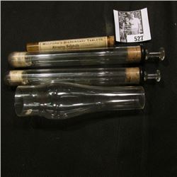 Pair of Antique Glass Syringes; glass lantern flue; & an antique corked bottle labeled "Mulford's Di