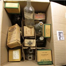 Cardboard Box full of old Medicine Bottles, nearly all are Cork stopper type.