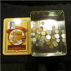 "Grape Nuts Post" Tin box with an unsorted group of various foreign Coins & Tokens.