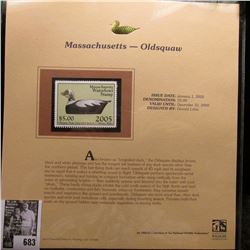 2005 $5.00 Massachusetts Waterfowl Stamp depicting the Oldsquaw, Absolute mint condition with litera