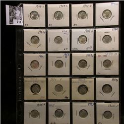 20-pocket plastic page of Silver BU Roosevelt Dimes including dates 1947 D to 1955 P. (20 pcs.).