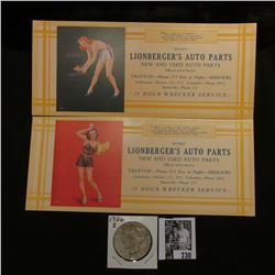 (2) different Sexy "Lionberger's Auto Parts" Ink blotter; & 1926 S U.S. Peace Silver Dollar, toned V