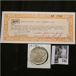 1924 P U.S. Peace Silver Dollar, EF; & a 1964 "Storz Brewing Company, Omaha, Nebraska" scrip for a s