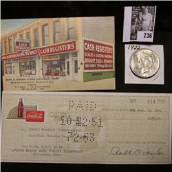 "Burl & Kenney Store Equipment Corp" advertising card; 1951 Coca-Cola check from Ottumwa, Iowa; & 19