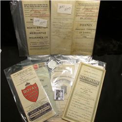 Several 1897-1930 pieces of literature and policies from various Insurance Companies. 'Doc' valued s