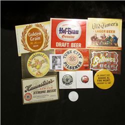 (7) different Mint condition Beer Bottle labels; (3) different pin-backs including a "Milkman's Club