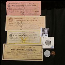 Four different World War II era cancelled checks from "West Chester Savings Bank, West Chester, Iowa