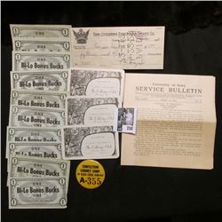 April 14, 1934 University of Iowa Service Bulletin; 1929 cancelled check from "The Citizens Savings 