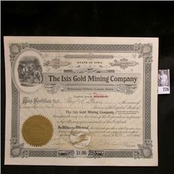 Stock Certificate for 100 Shares "The Isis Gold Mining Company", Principal Office, Lucas, Iowa, Octo