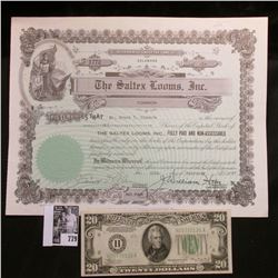 Stock Certificate for 1 Share "The Saltex Looms, Inc", 1947, State of Delaware. Signed and notarized