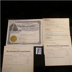 (5) 1899-1905 Gas Lamp Company Invoices & a stock certificate from  Cateye Lamp Company Omaha, Nebra