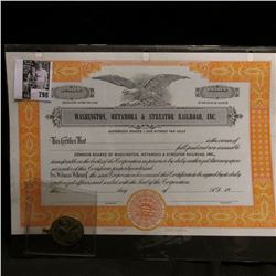 Unissued Stock Certificate "Washington, Metamora & Streator Railroad, Inc." and a Brass religious pe