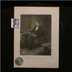 1883 O Morgan Silver Dollar Brilliant Uncirculated; and a black & white print of Washington Irving, 