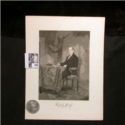 1887 P Morgan Silver Dollar, Choice AU & a black & white print of Rufus King, with a copy of his ori