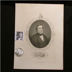 1904 O Morgan Silver Dollar, Choice AU & a black & white print of General Lewis Cass, with a copy of