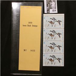 1972 Booklet Pane of Four Iowa Duck Stamps in folder No. 9633. Crisp Uncirculated.