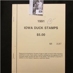 1991 Booklet Pane of Ten Iowa Duck Stamps in folder No. 3187. Crisp Uncirculated.