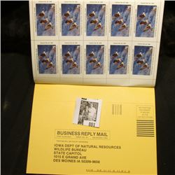 1997 Booklet Pane of Ten Iowa Duck Stamps in folder No. 3065. Crisp Uncirculated.