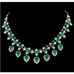 34.17 ctw Emerald and Diamond Necklace - 14KT White Gold