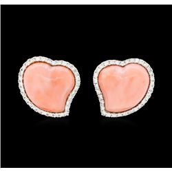 Heart Shaped Coral and Diamond Earrings - 18KT White Gold