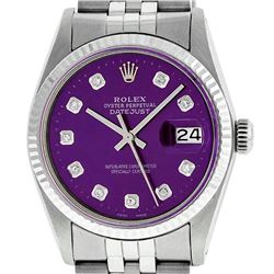 Rolex Mens 36mm Stainless Steel Purple Diamond Datejust Wristwatch