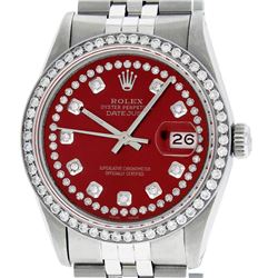 Rolex Mens 36mm Stainless Steel Red String Diamond Datejust Wristwatch