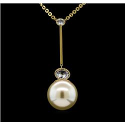 Round Crystal Bezel Pearl Necklace - Gold Plated