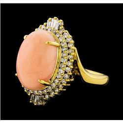 Coral and Diamond Ring - 18KT Yellow Gold