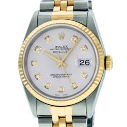 Rolex Mens 36mm Two Tone Yellow Gold Silver Diamond DateJust Wristwatch